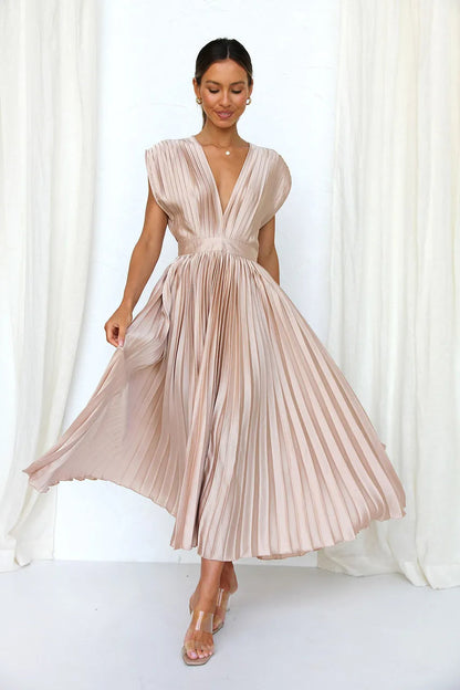 AISHA - Pleated Plunge Midi Dress