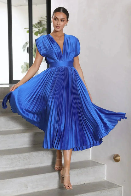 AISHA - Pleated Plunge Midi Dress